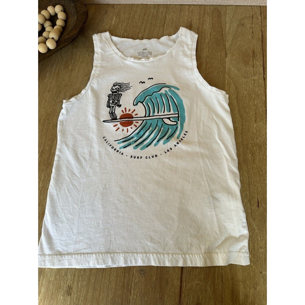 H&M Boys White Graphic Tank Top Size 8/10 California Surf Club Skeleton